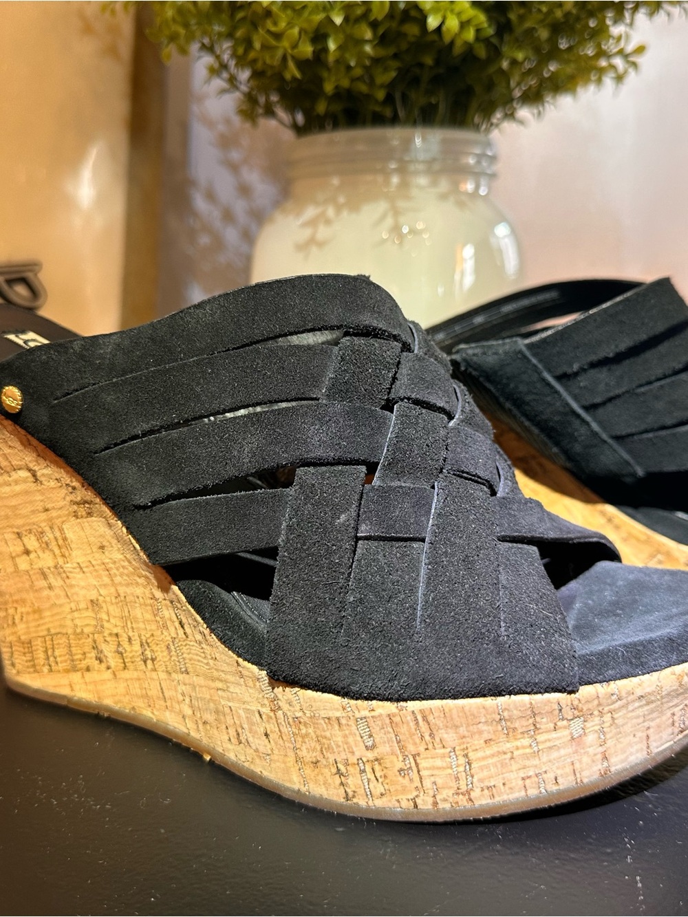NWOT UGG Marta Black Suede & Cork Wedge Sandal (BF001)